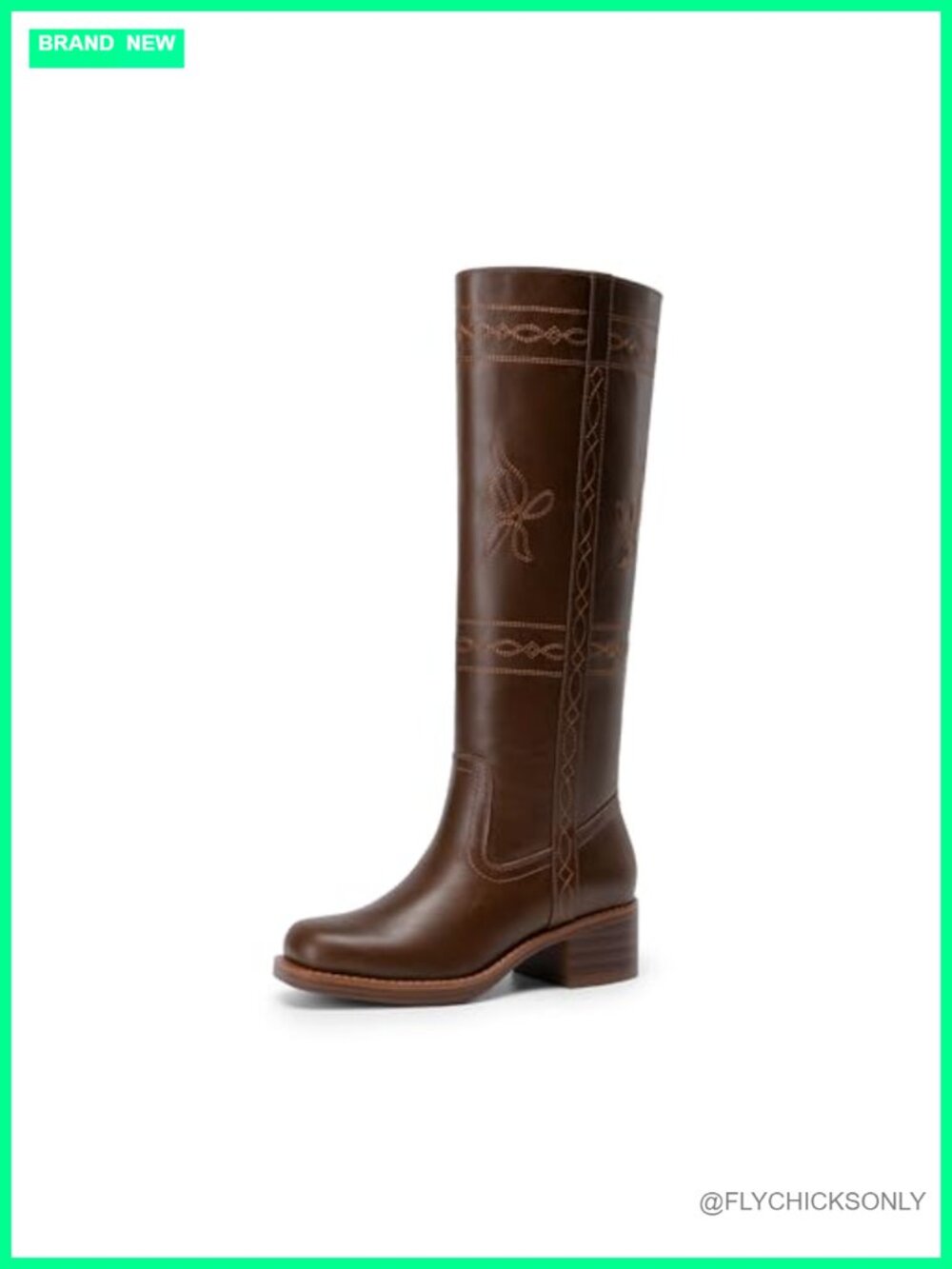 Women's Square Toe Embroidered Knee High Boots Faux Leather Slip On
